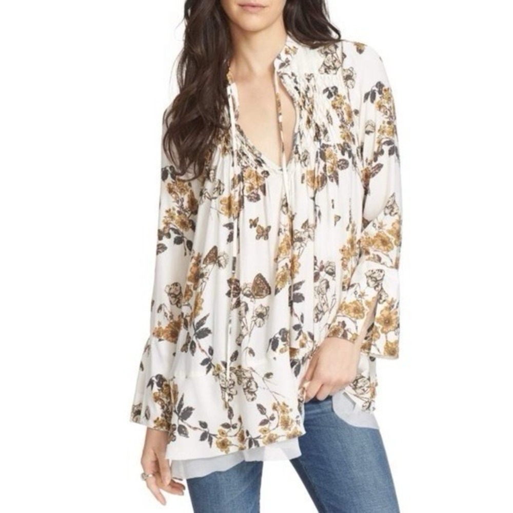 Free People Pebble Crepe You So Fine Smocked Tunic Top Ivory Combo Floral M